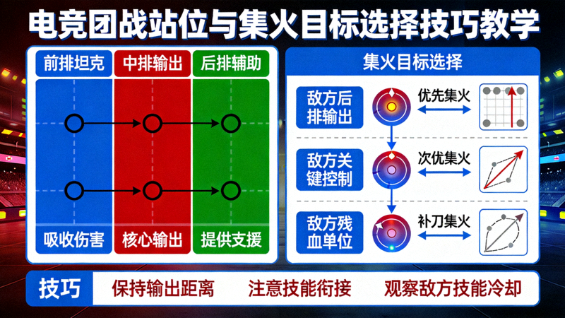 电竞团战站位与集火目标选择技巧教学示意图