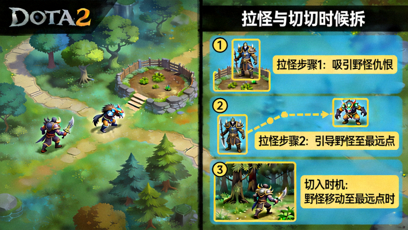 DOTA2野区拉怪与切入时机拆解教学示意图