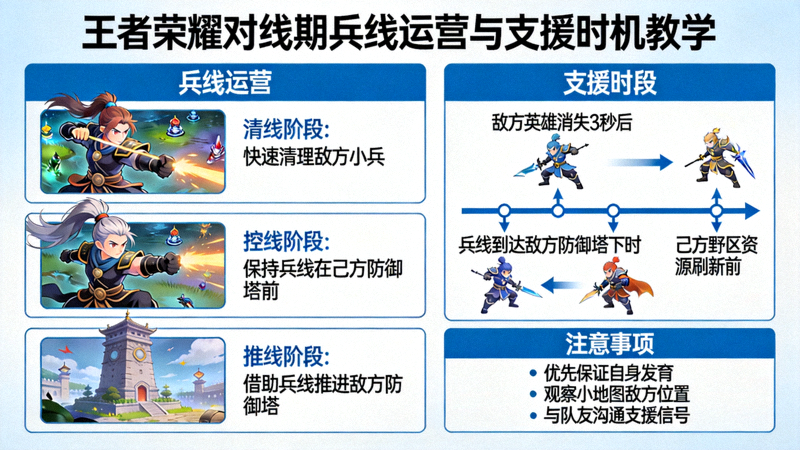 王者荣耀对线期兵线运营与支援时机教学示意图